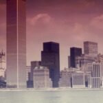 Vintage view of Manhattan skyline featuring the Twin Towers and surrounding skyscrapers across the water.
