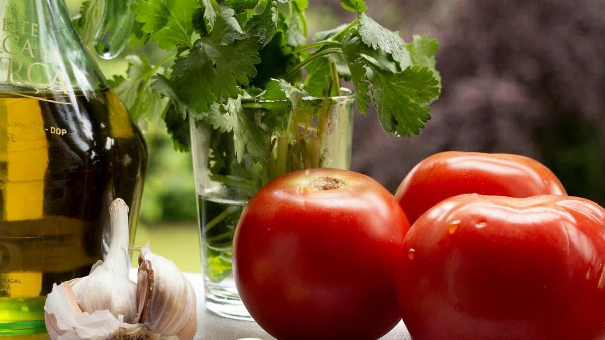Vibrant tomatoes, garlic, and cilantro with olive oil perfect for a fresh, healthy salad.