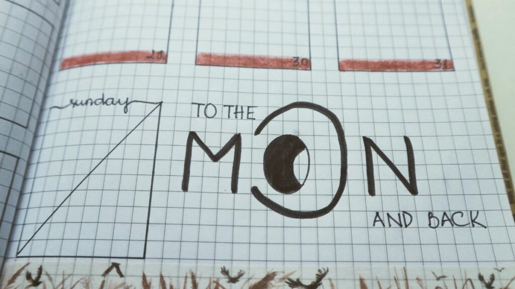 Notebook page featuring 'To the Moon and Back' with creative grid design.