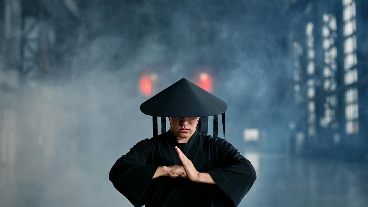 A martial artist in conical hat and black outfit performing a pose in an industrial setting.