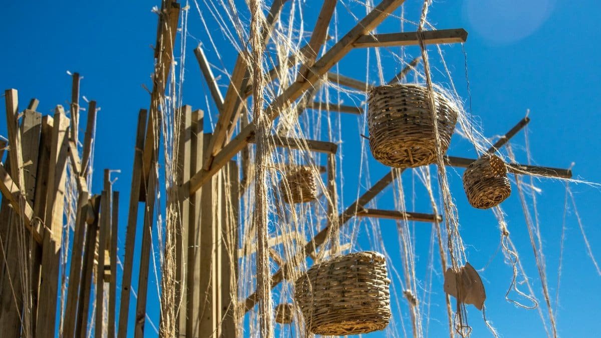 Artistic outdoor display of wicker baskets hanging from wooden structures against a bright blue sky.