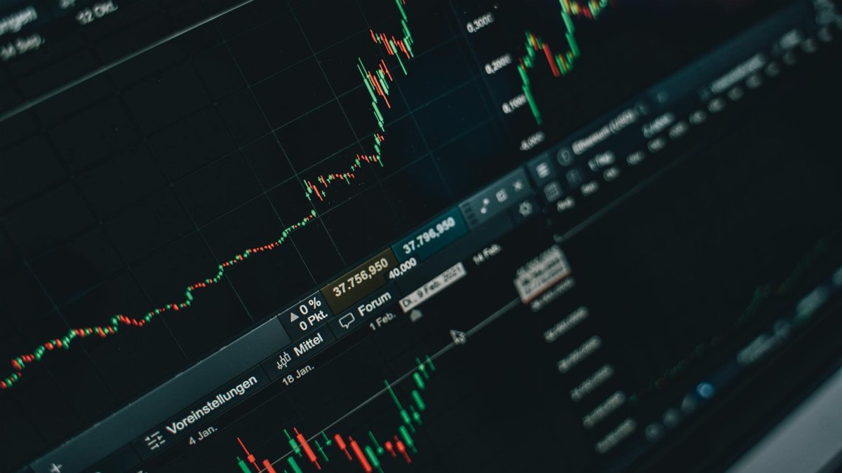 Close-up of stock market trading screen displaying financial growth and charts.