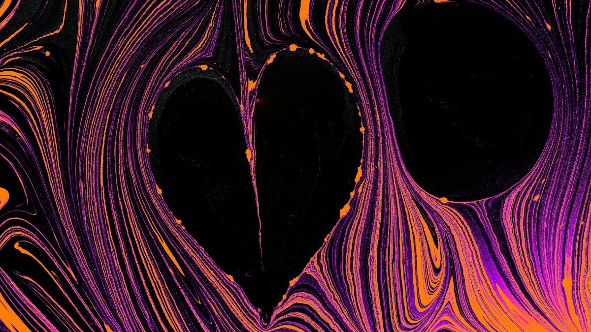 Abstract art with swirling orange and purple lines forming a heart shape on black background.