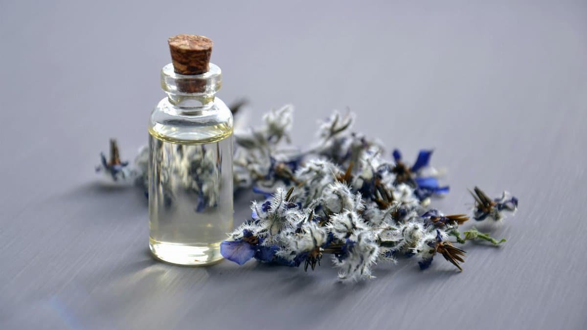 Close-up of a lavender oil bottle with dried flowers for aromatherapy. Perfect for wellness themes.