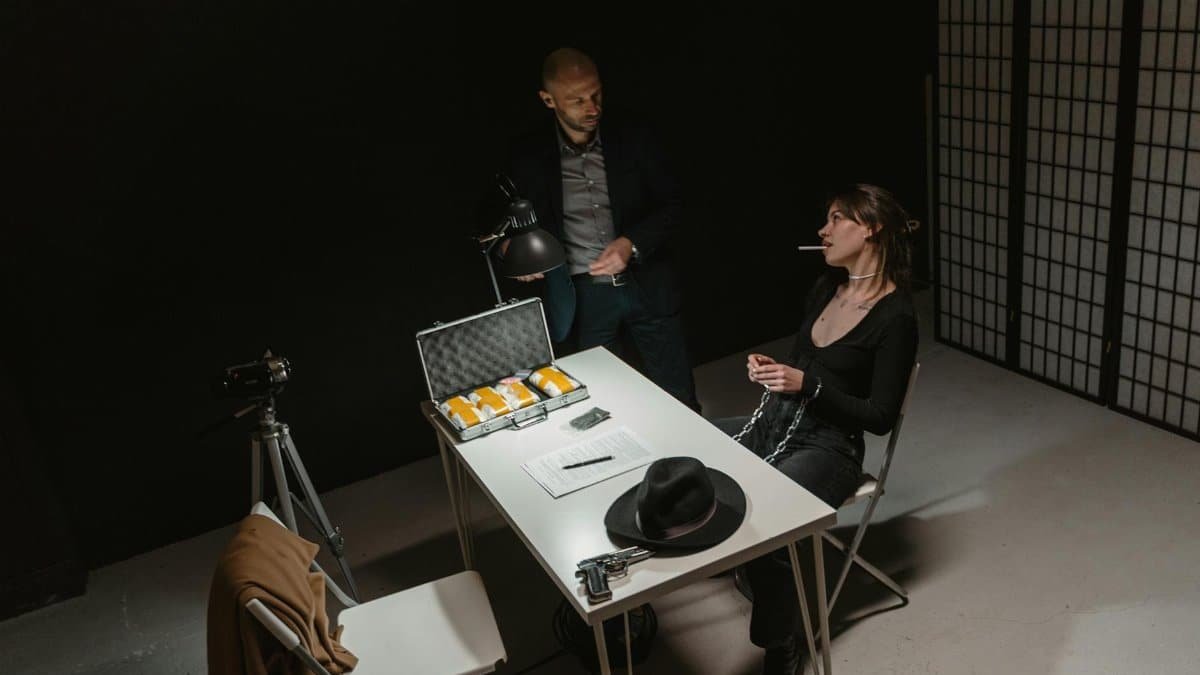 A tense indoor interrogation scene depicting a suspect and law enforcement setup.