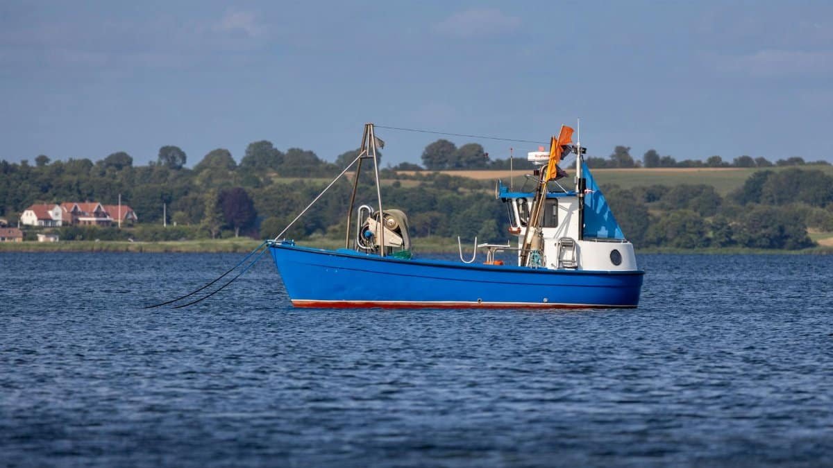 A vibrant blue fishing boat anchored in a calm body of water with a lush landscape in the background.