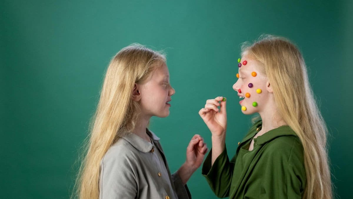 Two young girls with long hair playfully arranging colorful candy stickers on each other's faces indoors.