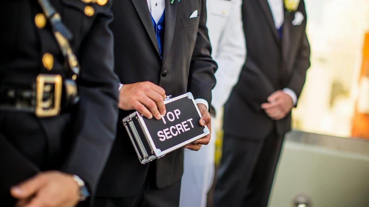 A group of men in formal military and business attire holding a 'Top Secret' briefcase indoors.