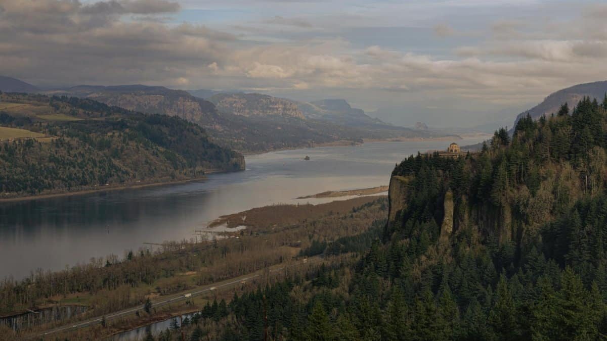 Breathtaking landscape of Columbia River Gorge with misty mountains and lush forests.