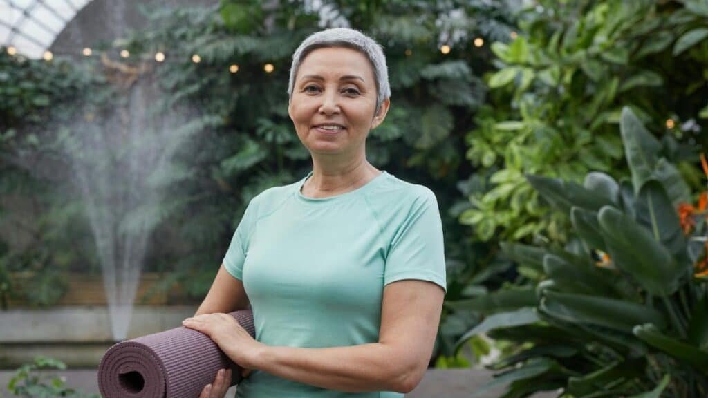 Elderly woman holding yoga mat and smiling in a lush greenhouse setting.