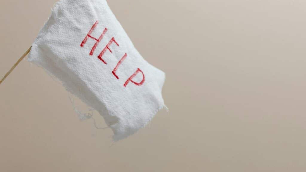 A white flag with 'HELP' displayed on a beige background, symbolic of seeking assistance.