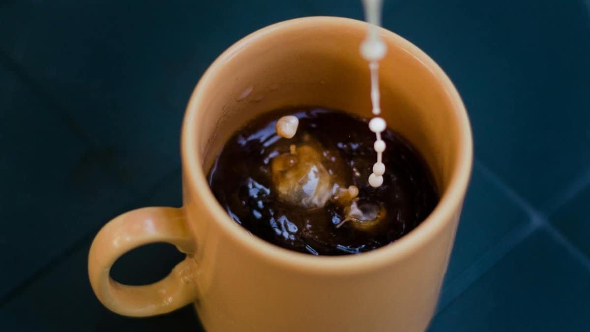 Close-up shot of cream being poured into a steaming hot cup of coffee.
