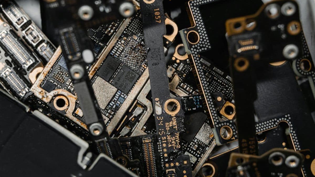 A detailed close-up of assorted electronic circuit board components.