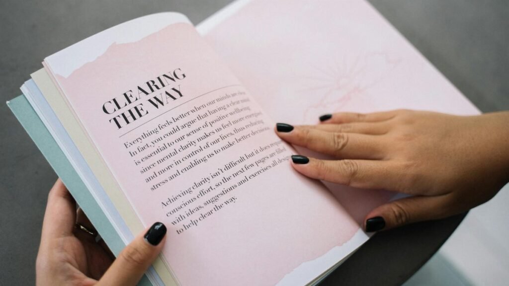 Hands flipping through a motivational book indoors, promoting clarity and wisdom.