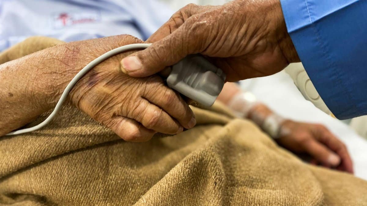 Crop old female patient lying on medical bed with pulse oximeter on finger and old man holding wrinkled hand