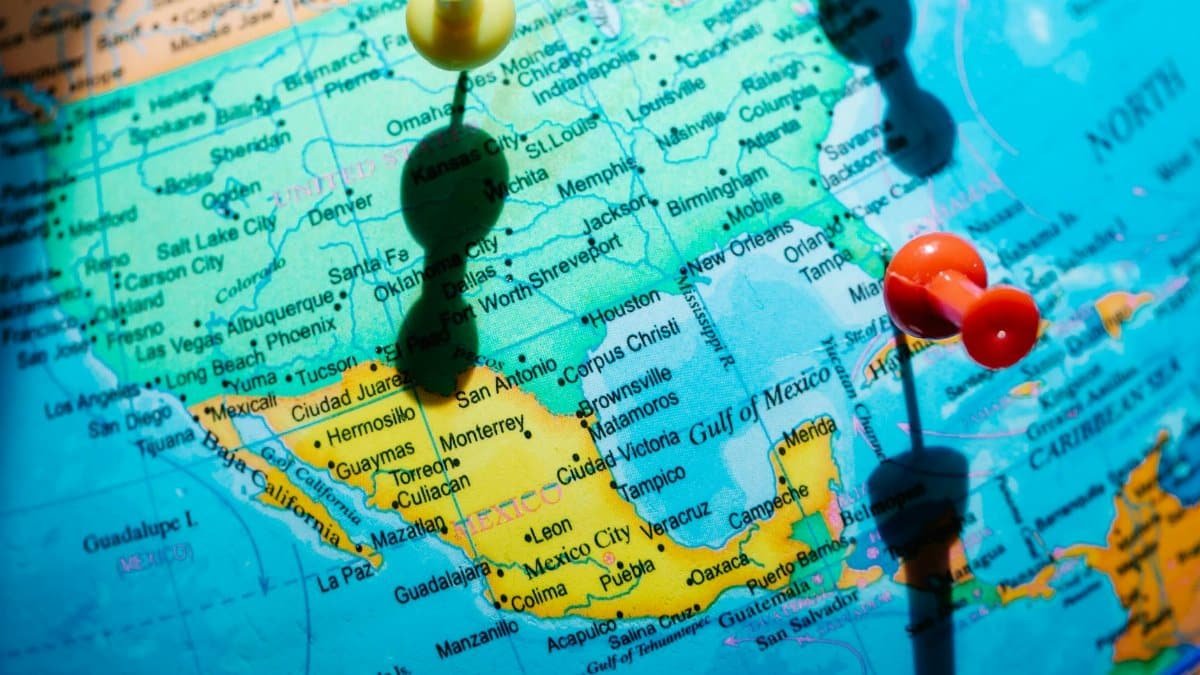 Detailed map of North America featuring pushpins highlighting regions in Mexico and the US.