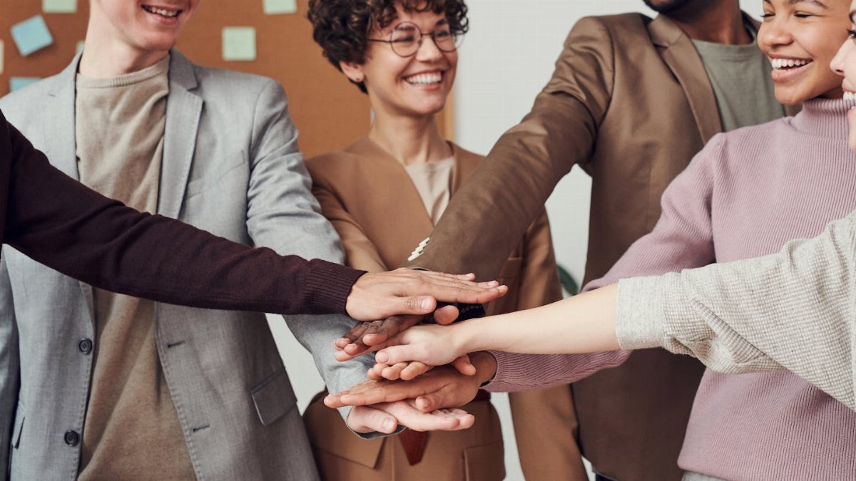 A group of happy, diverse colleagues celebrating teamwork and cooperation with a group high five indoors.