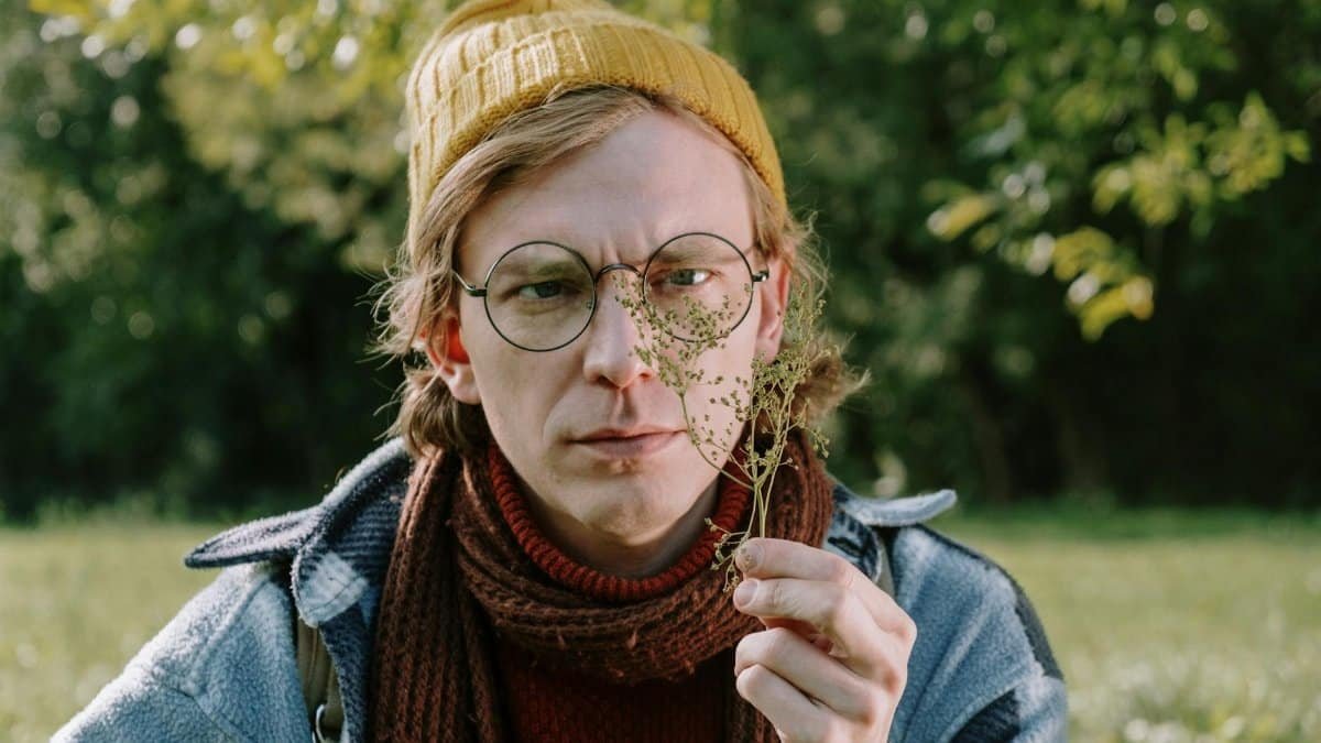 A young man wearing glasses and a beanie examines flora in a sunny outdoor park.