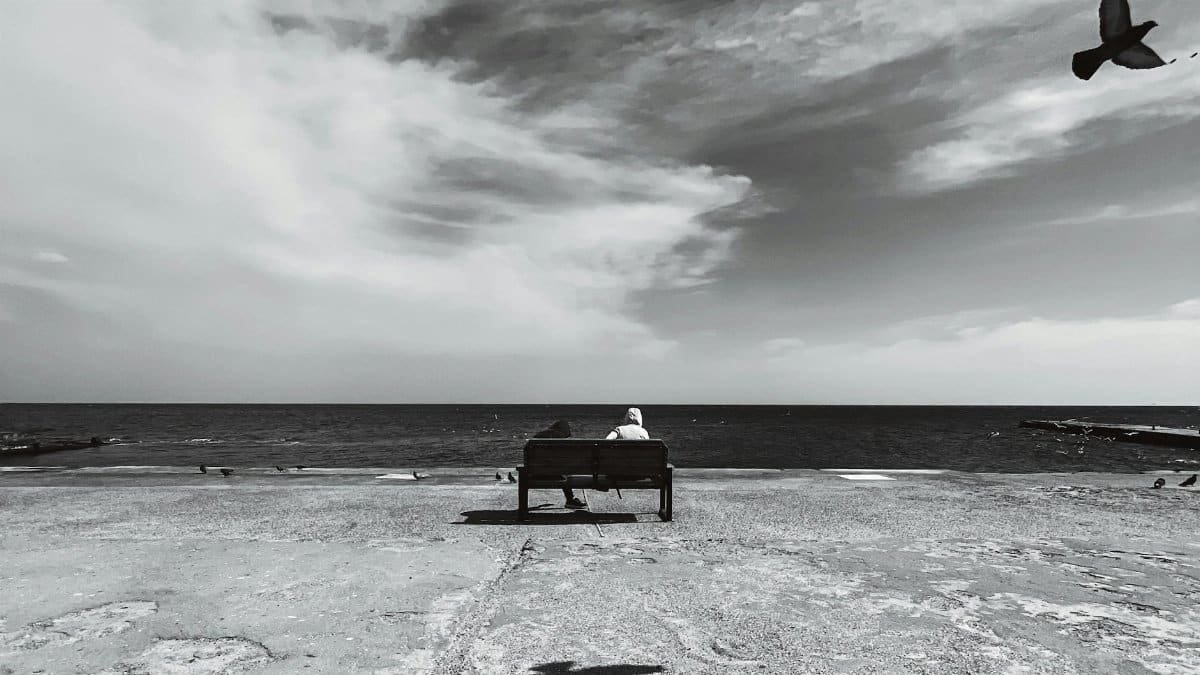 Monochrome scene of two people sitting on a bench by the sea, with birds overhead.