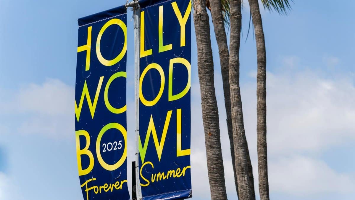 Bright summer banner at Hollywood Bowl 2025 in Los Angeles under sunny skies.
