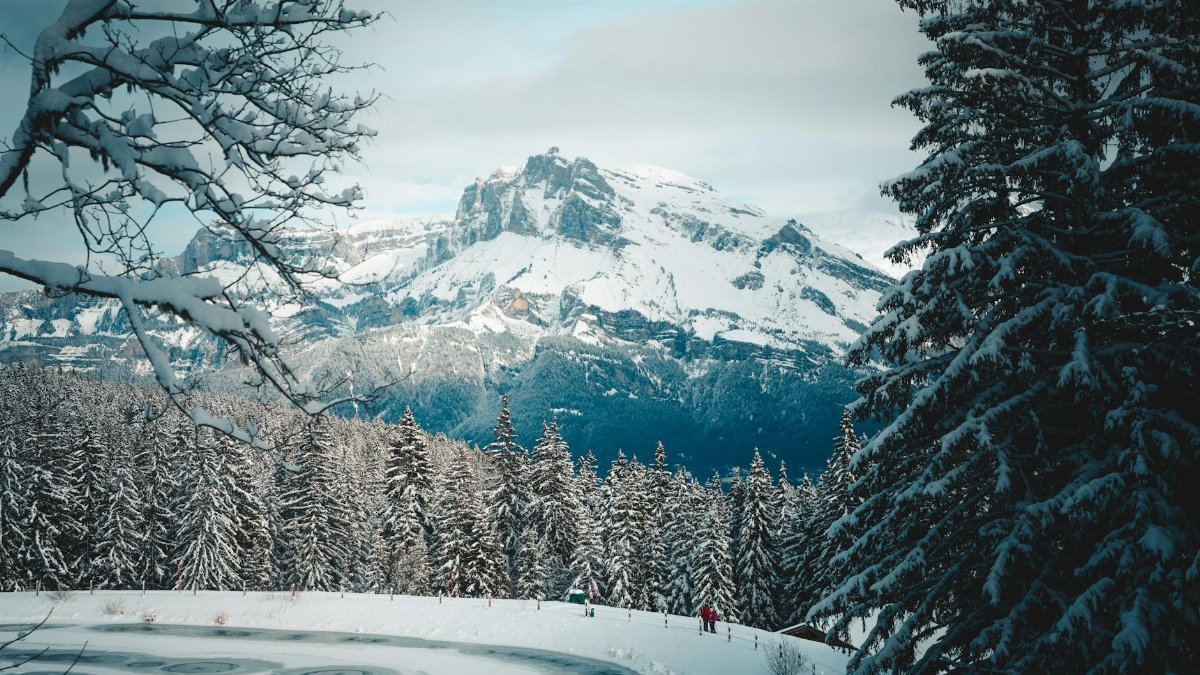 Beautiful snowy landscape of Megève with snow-covered trees and mountains in winter.