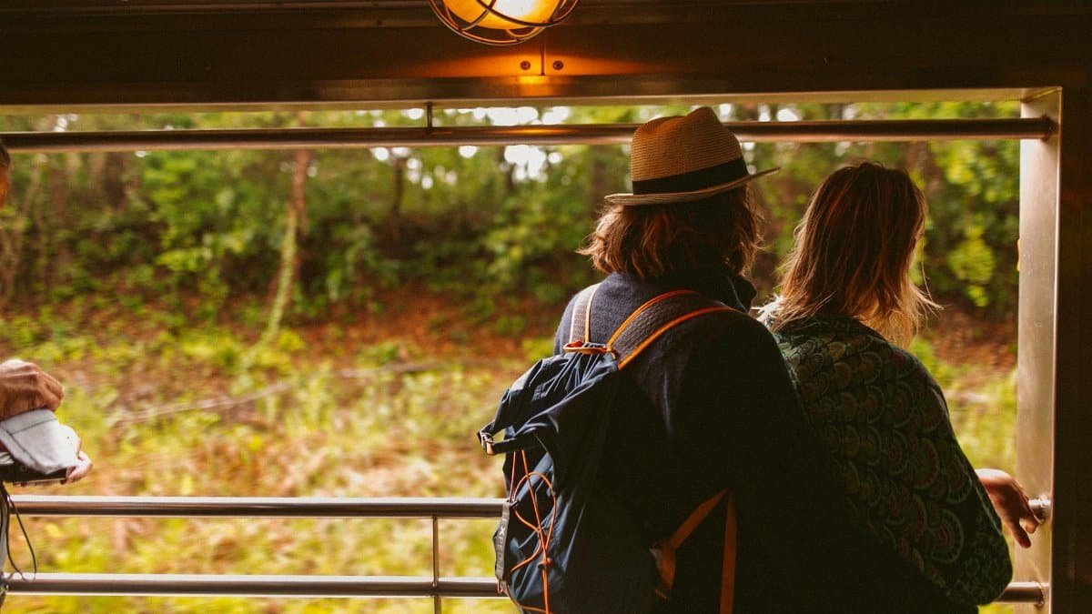 Couple embraces on a scenic train journey, surrounded by nature's beauty.
