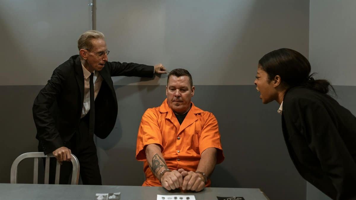 An intense interrogation with two detectives and a handcuffed prisoner in an orange jumpsuit.