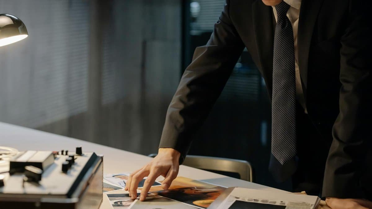 Investigator reviewing evidence photos during a night investigation in an office setting.