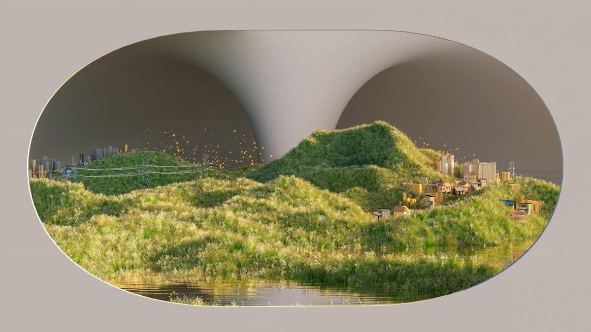 Surreal AI-rendered landscape blending nature with modern city elements.