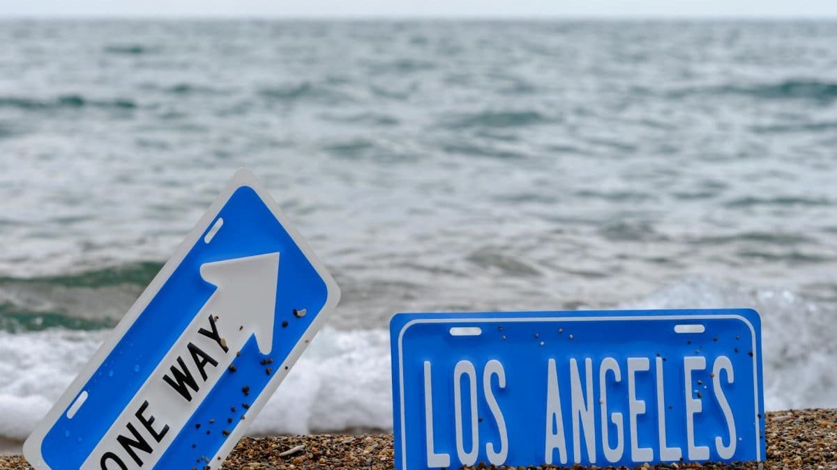 Ocean view with Los Angeles and one way signs placed on a sandy beach.