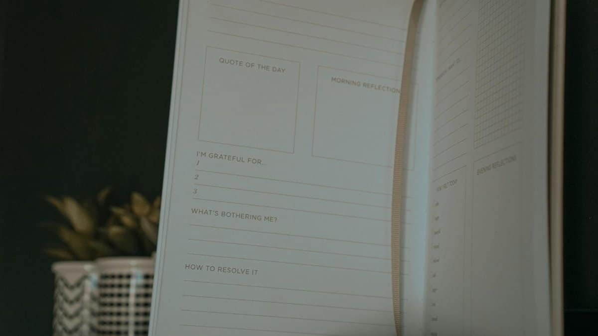 An open journal with sections for quotes, reflections, and gratitude.