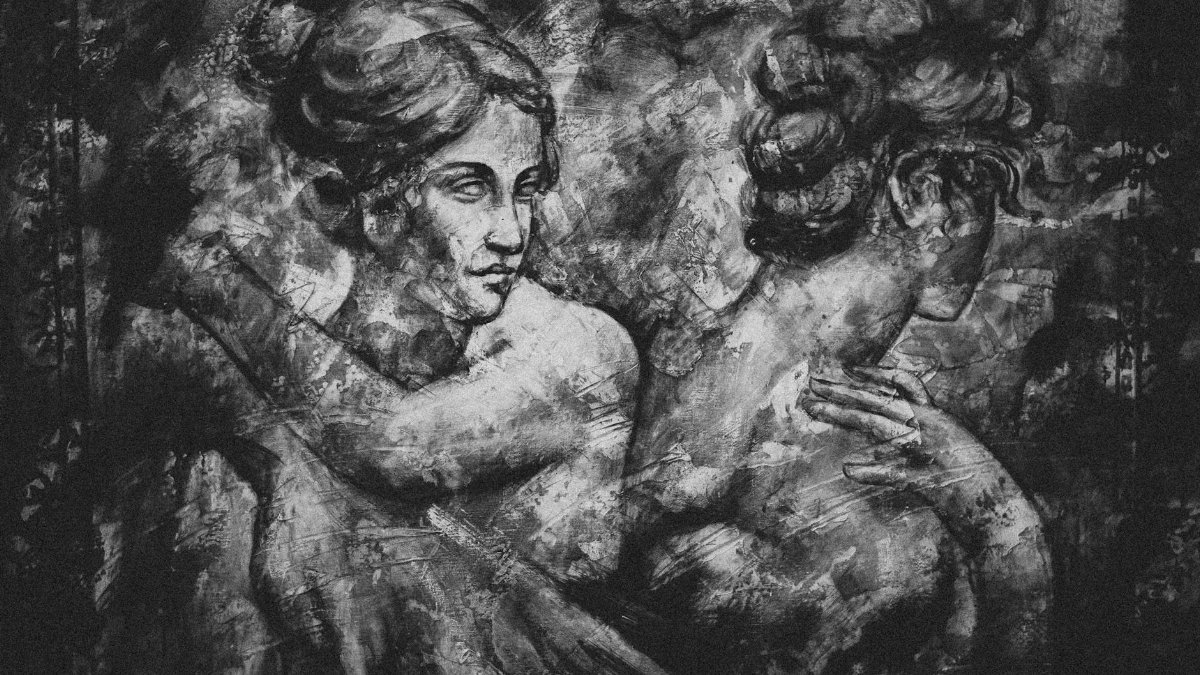 Black and white abstract art depicting classical figures in a textured paint style.