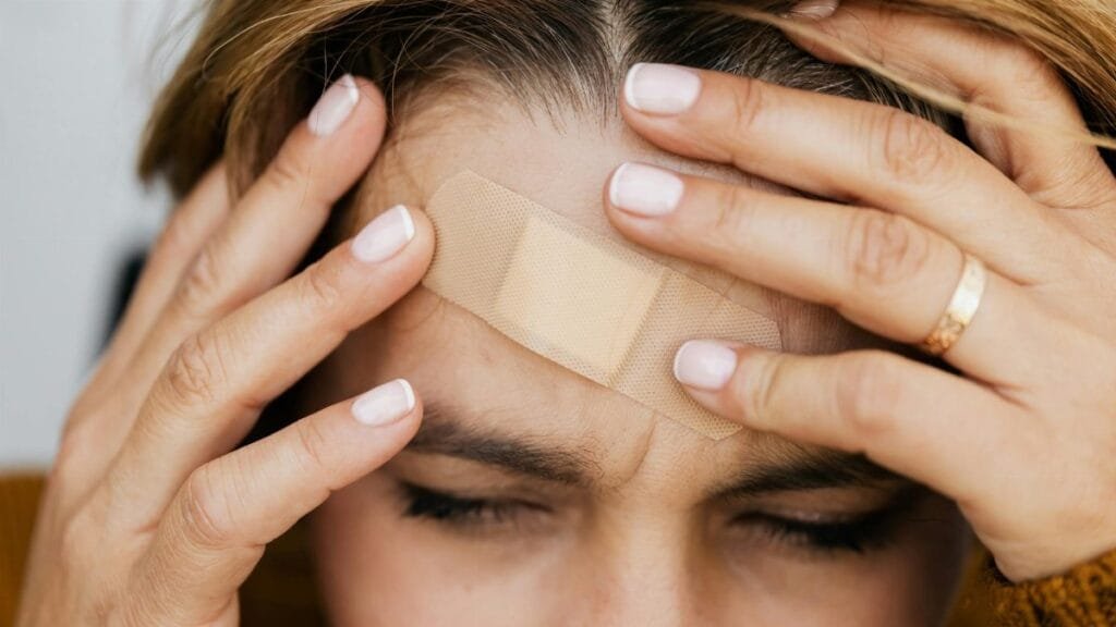 A person with a band aid on their forehead holds their head in pain, eyes closed.
