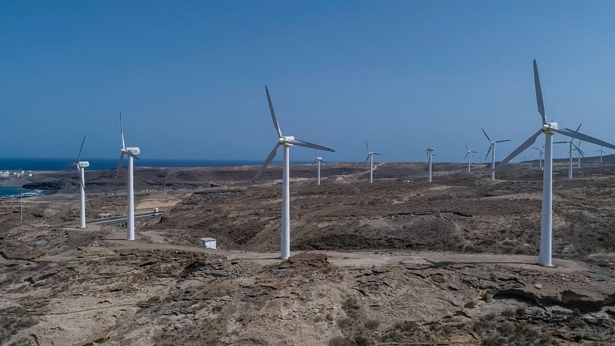 Wind turbines on a barren coast, harnessing renewable energy under a clear blue sky.