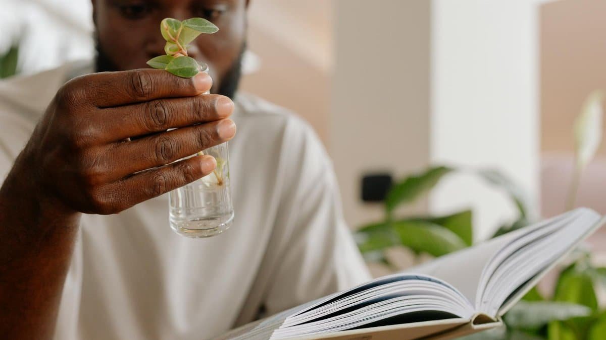 A man holds a small plant while reading a book indoors, emphasizing learning and nature.