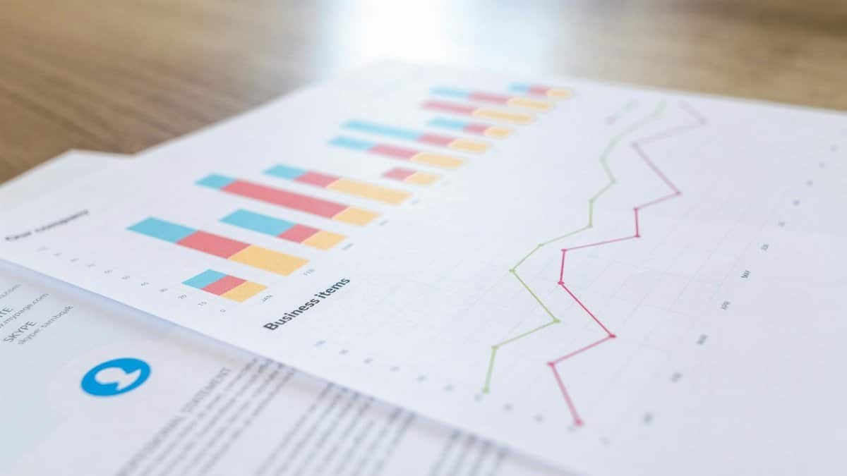 A close-up view of a business document with charts and graphs on a wooden desk.