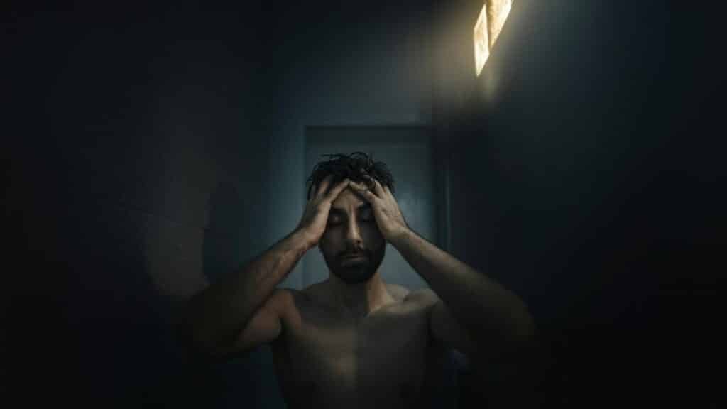 A man in a dimly lit room holds his head in thought, portraying deep emotion and introspection.