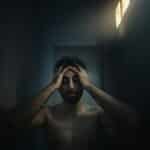 A man in a dimly lit room holds his head in thought, portraying deep emotion and introspection.