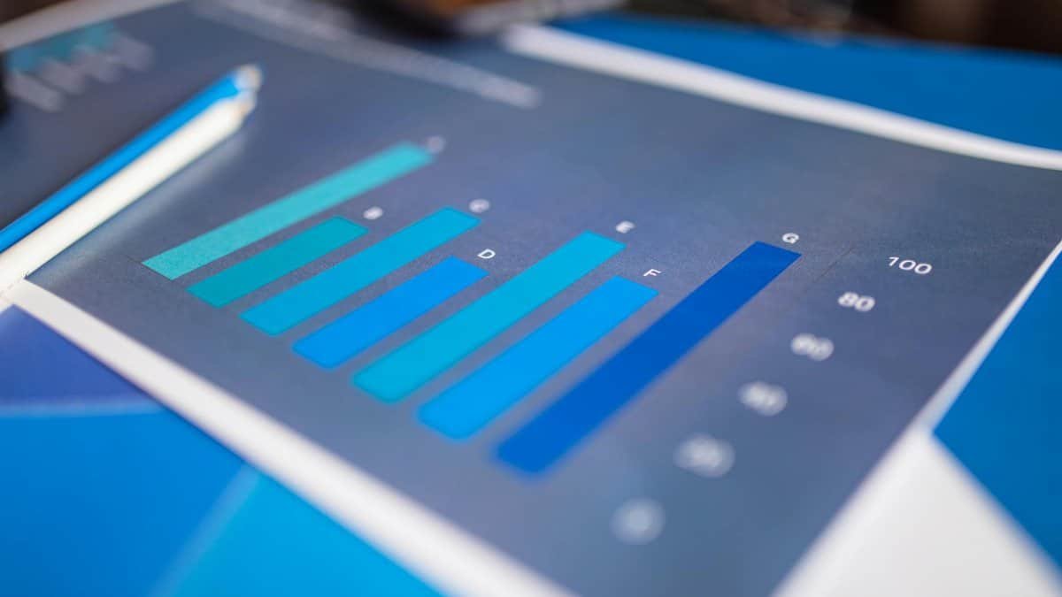 Detailed close-up of a blue bar graph showing data analysis on printed paper.