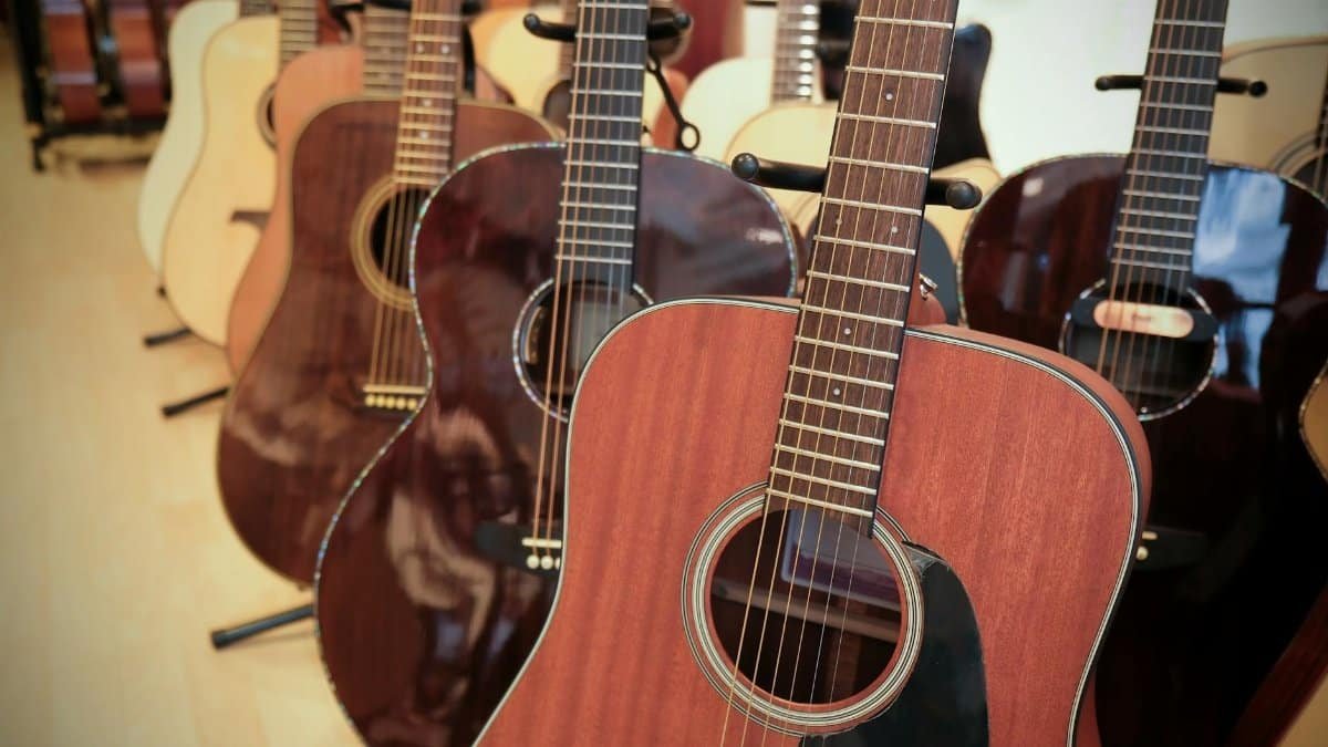 A collection of acoustic guitars beautifully displayed in a music store setting.