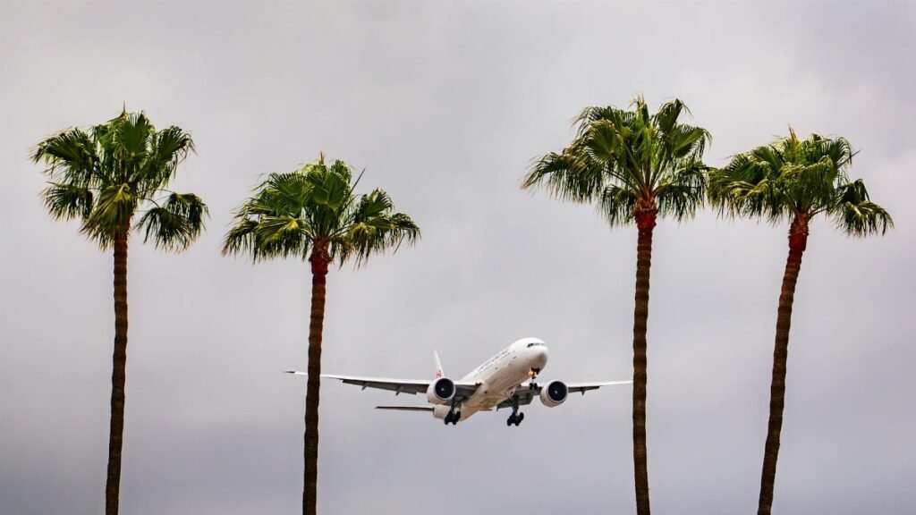 Airplane landing at Los Angeles International Airport surrounded by palm trees under cloudy skies.