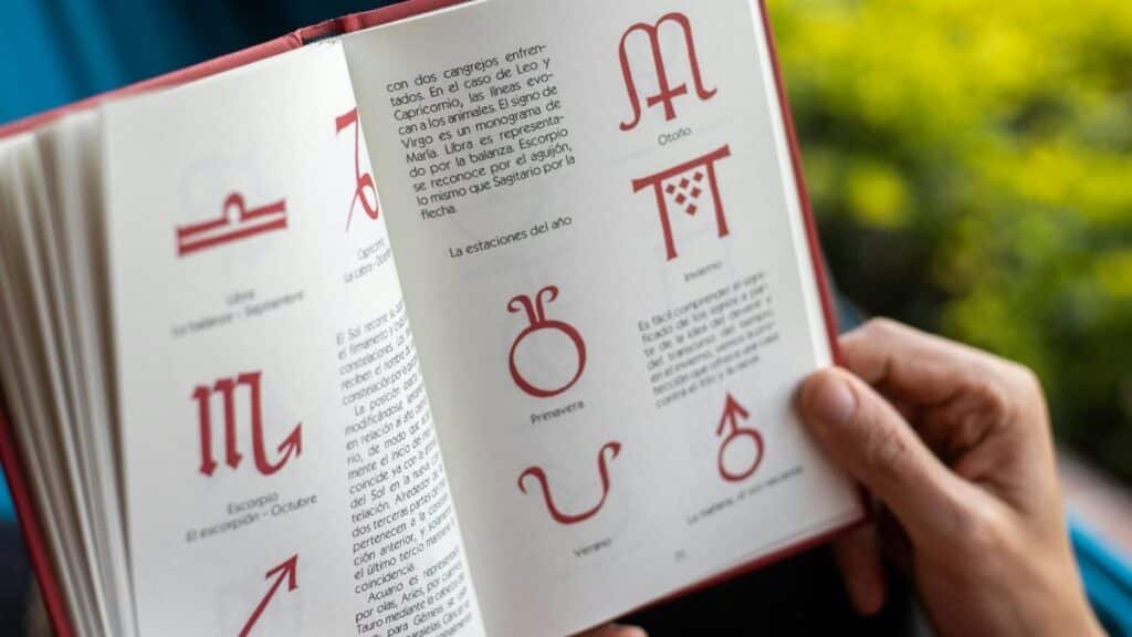 Open book displaying zodiac symbols and seasonal descriptions being held by hands.