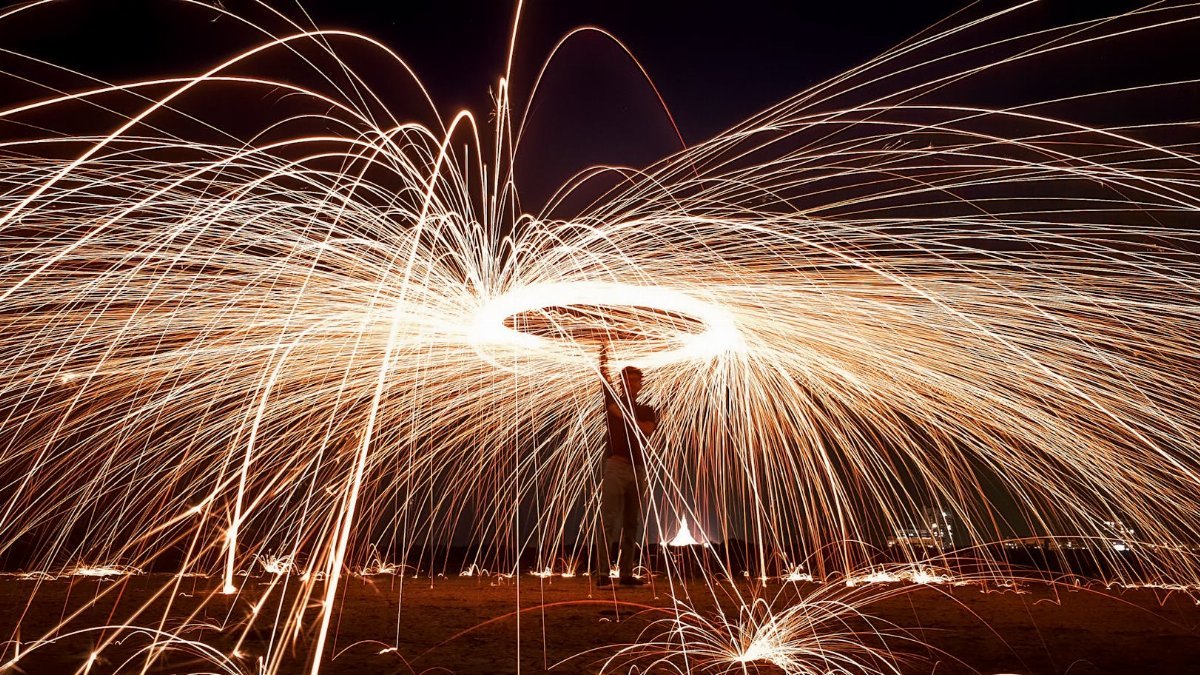 Dynamic steel wool photography captured at night, featuring light trails in Mumbai.