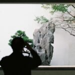 Silhouette of a man taking a photo inside a museum with greenery outside.