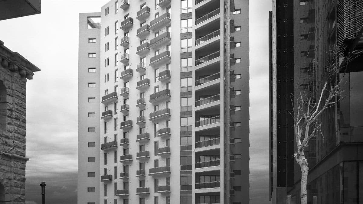 Stunning black and white photo of modern apartment building in Sliema, Malta.