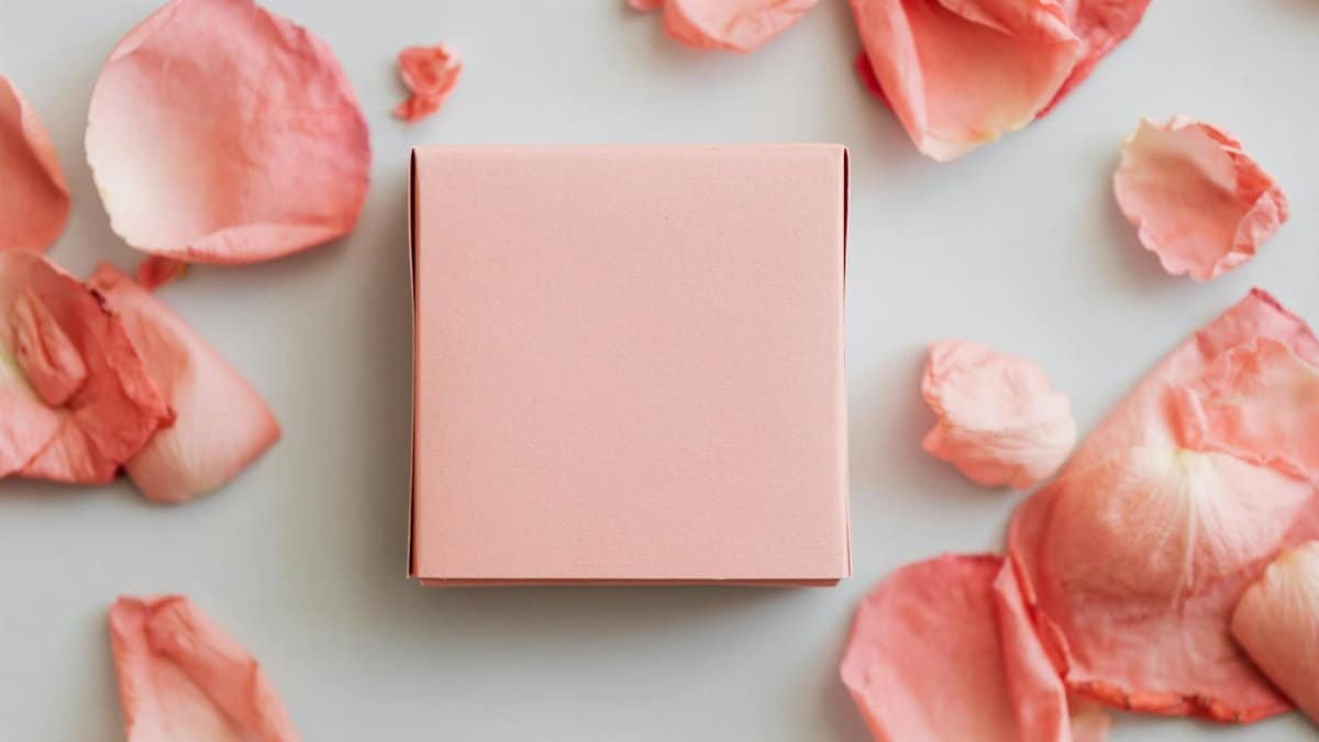 Top view of close up colorful gift box with scattered pink petals on smooth white surface