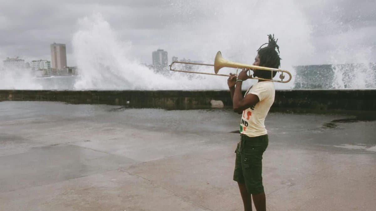 A young man plays the trombone near the sea wall as waves crash dramatically.