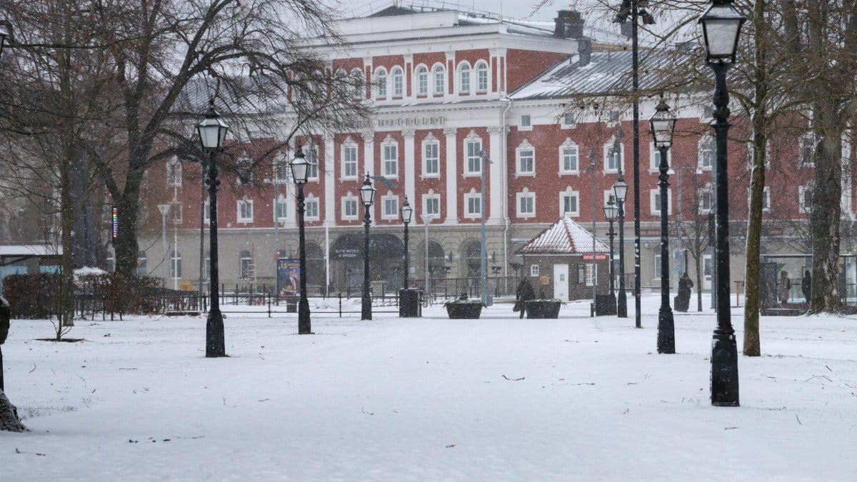 Winter scene featuring historic architecture in Jönköping, Sweden covered in snow.