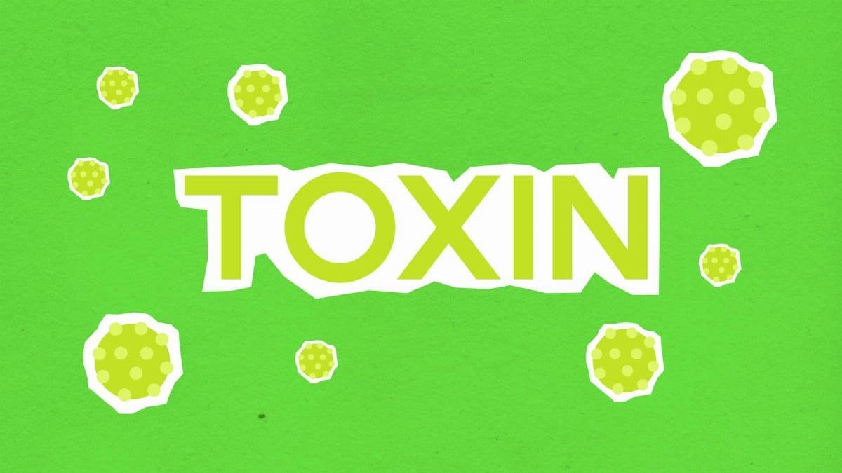 Vivid illustration featuring the word 'TOXIN' with abstract microorganism. Ideal for health alerts.