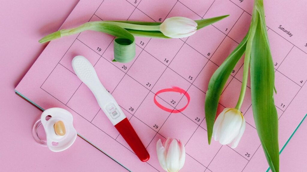 Pregnancy test on pink calendar with tulips, symbolizing fertility and new beginnings.